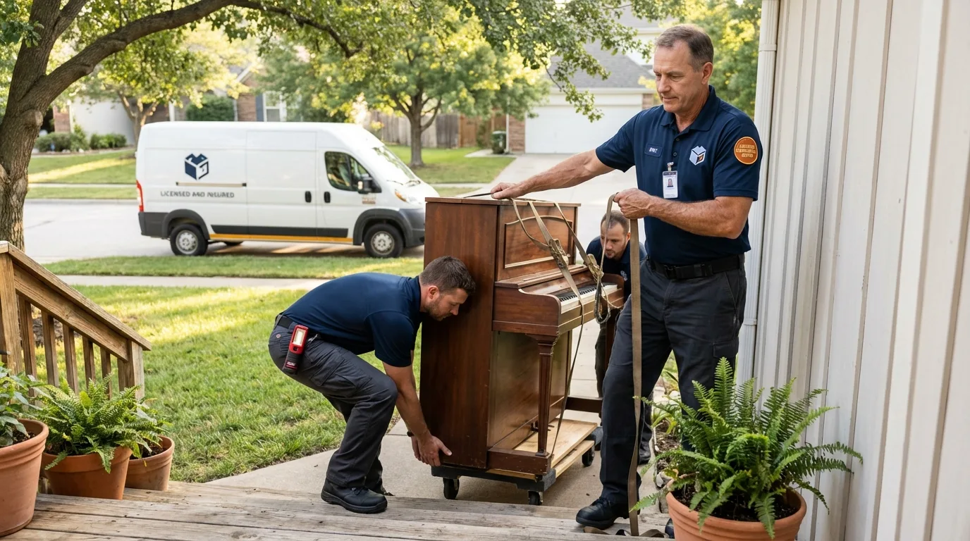 Licensed piano movers securing grand piano in Sabina, OH