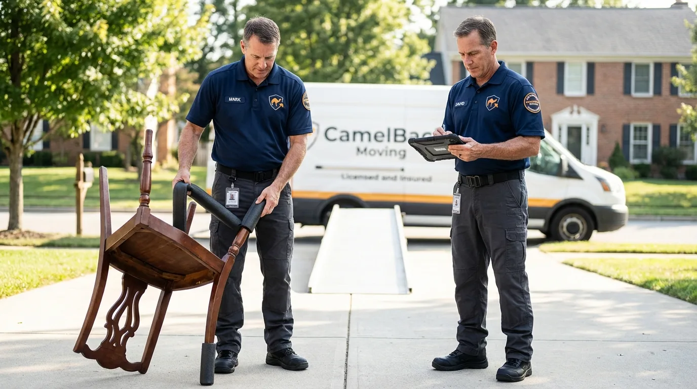 Movers inspecting furniture for damage prevention before loading in Sabina, OH