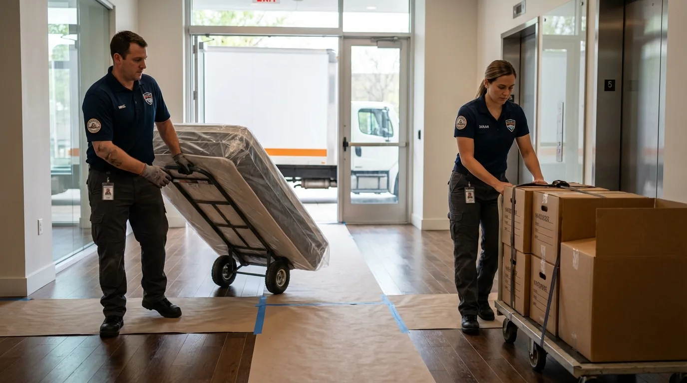Professional apartment movers loading elevator in Sabina, OH